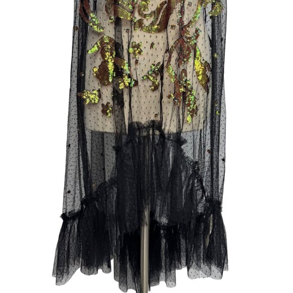 NWT Free People Black Sheer Ruffled Hem‎ Dress Green Gold Sequence Whimsigoth - Picture 3 of 12